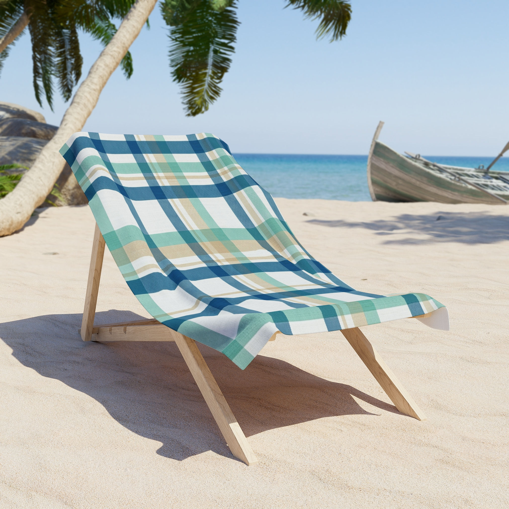 Coastal Plaid Beach Towel — Blue & Teal Summer Seaside Towel