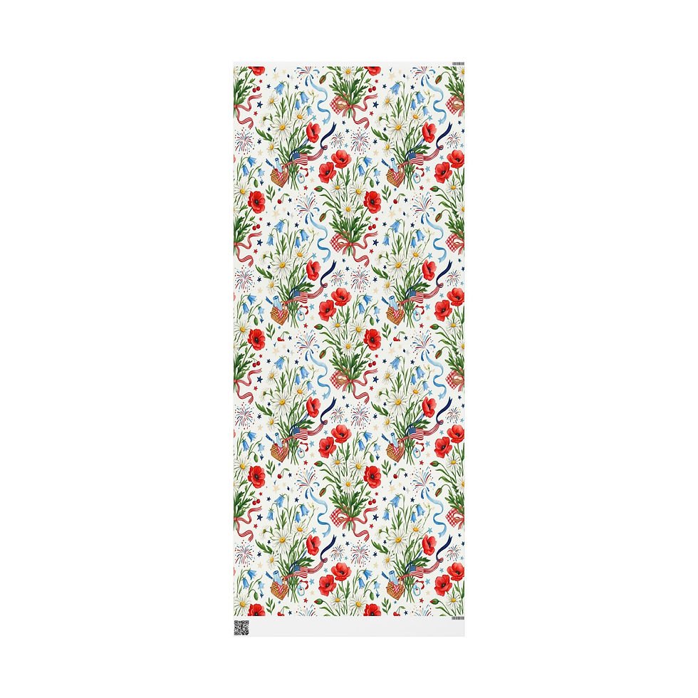 Hình thu nhỏ: Floral Ribbon Holiday Wrapping Paper Roll — Patriotic Red & Blue Flowers