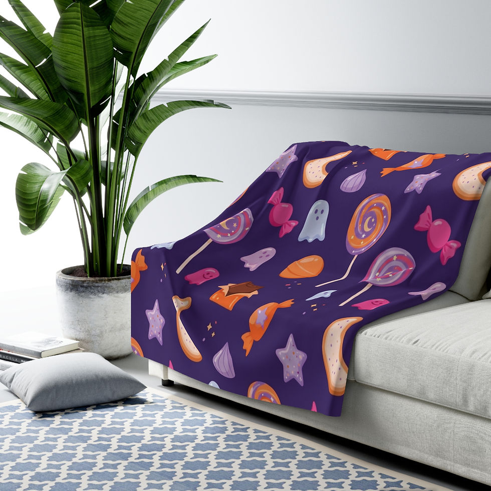 Hình thu nhỏ: Halloween Candy Sherpa Blanket — Cute Ghosts & Moon Cozy Throw