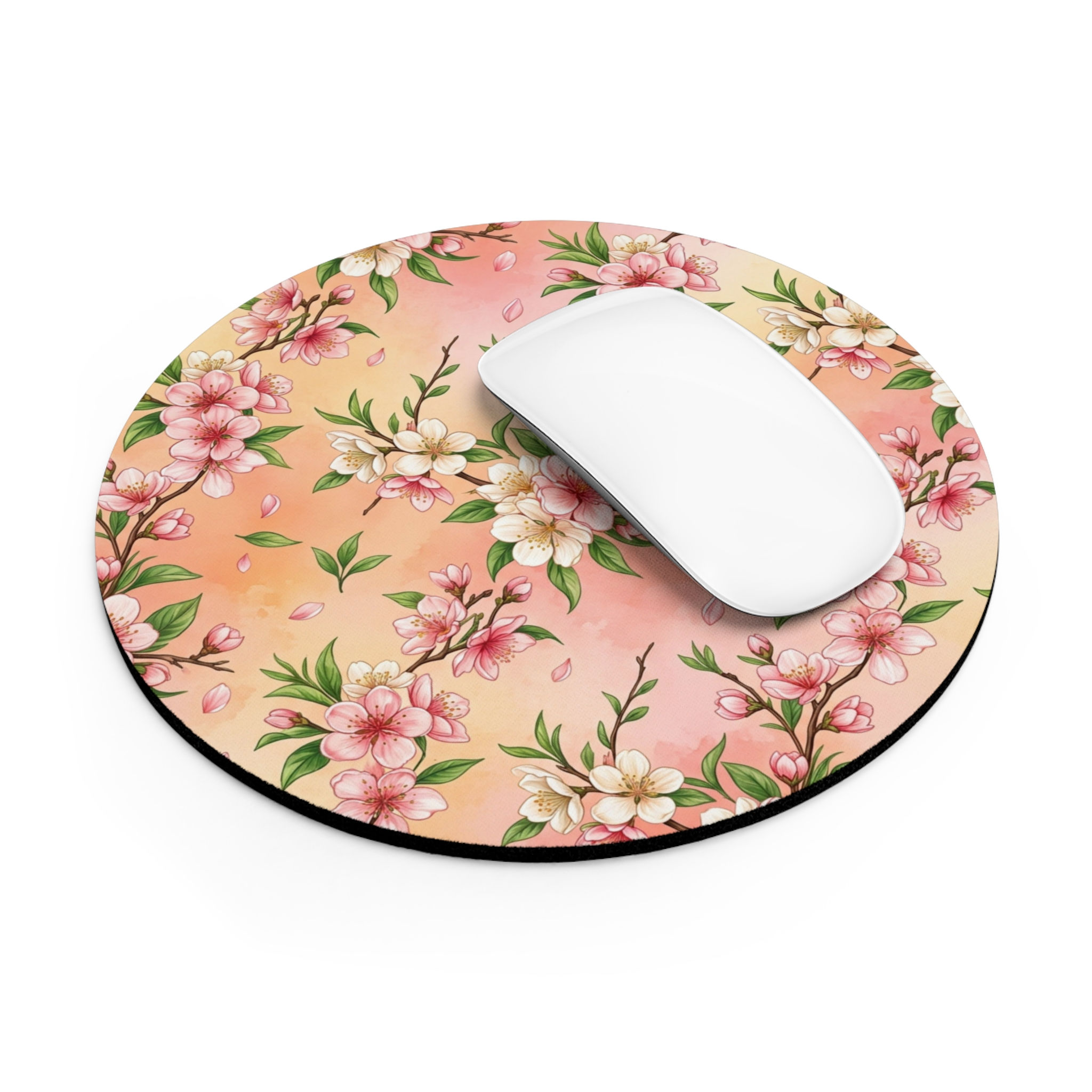 Floral Blossom Round Mouse Pad — Pink Cherry Blossom Desk Mat