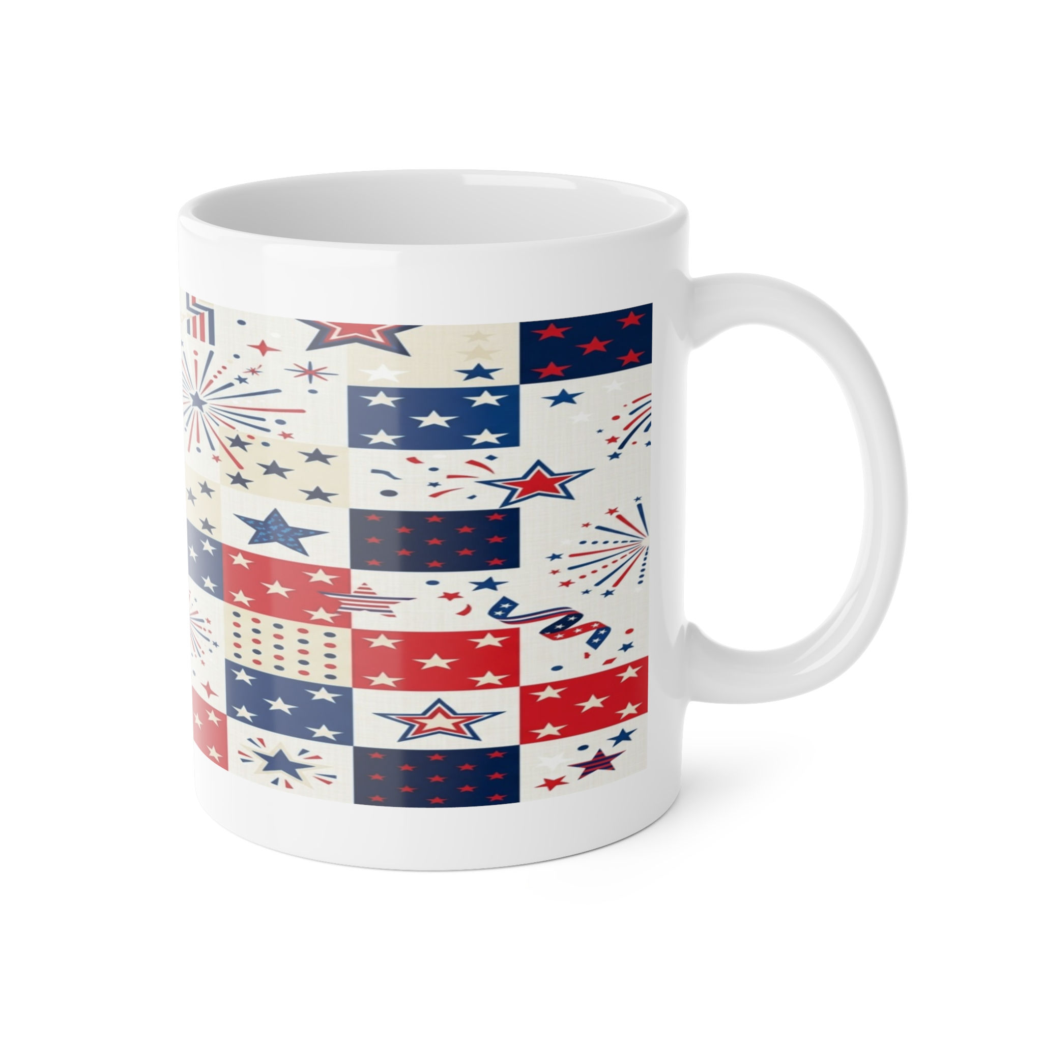 Patriotic Stars & Fireworks Mug — Red White Blue 11oz Ceramic