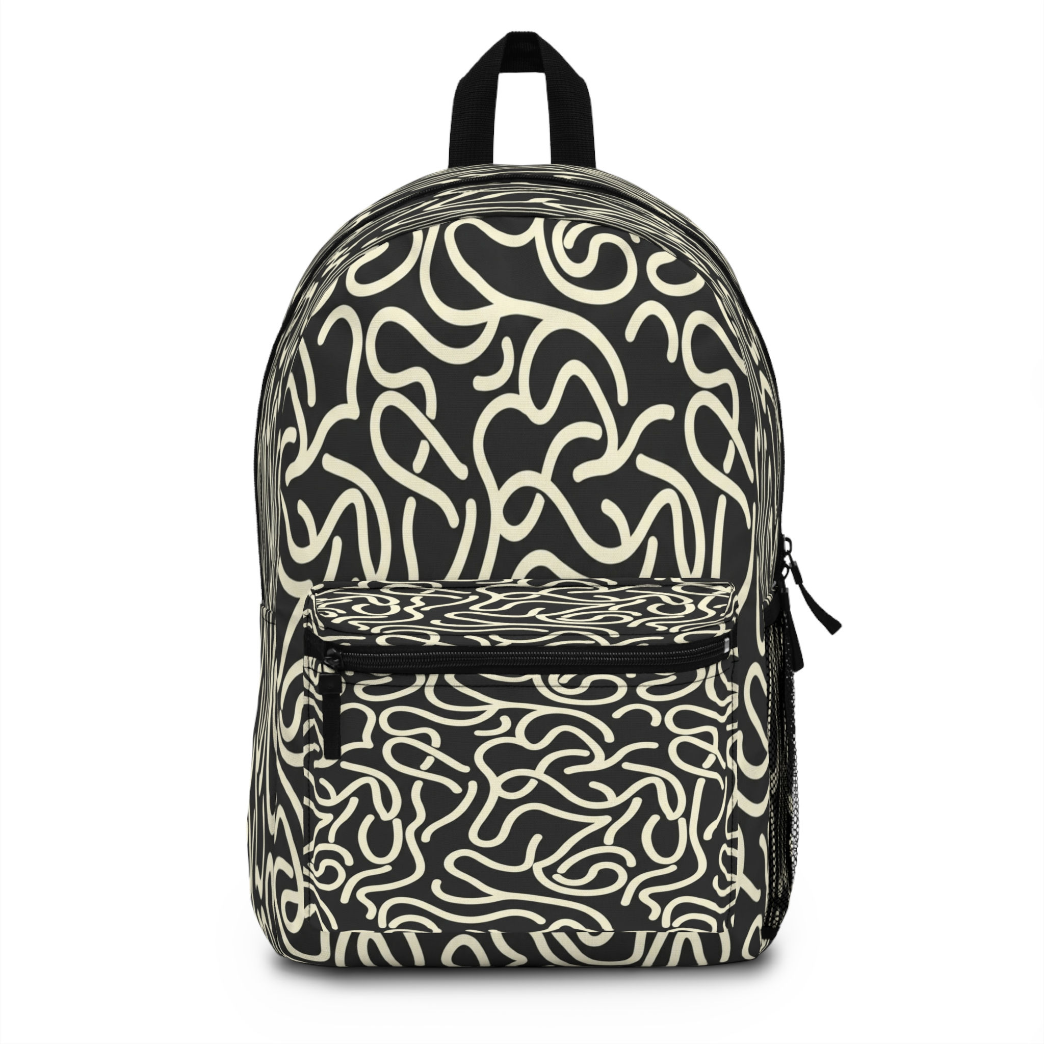 Abstract Doodle Pattern Backpack — Black & Cream Artistic School Bag
