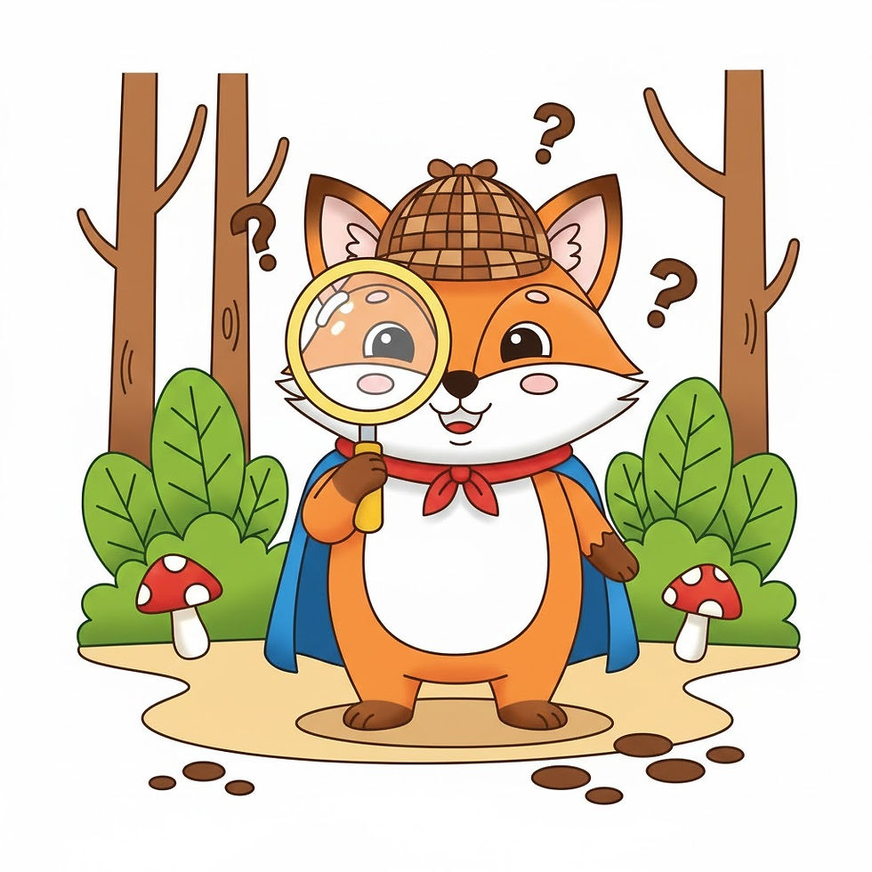 Cartoon fox detective with magnifying glass, question marks and forest background.