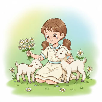 Young girl holding flowers while caring for two lambs in a meadow