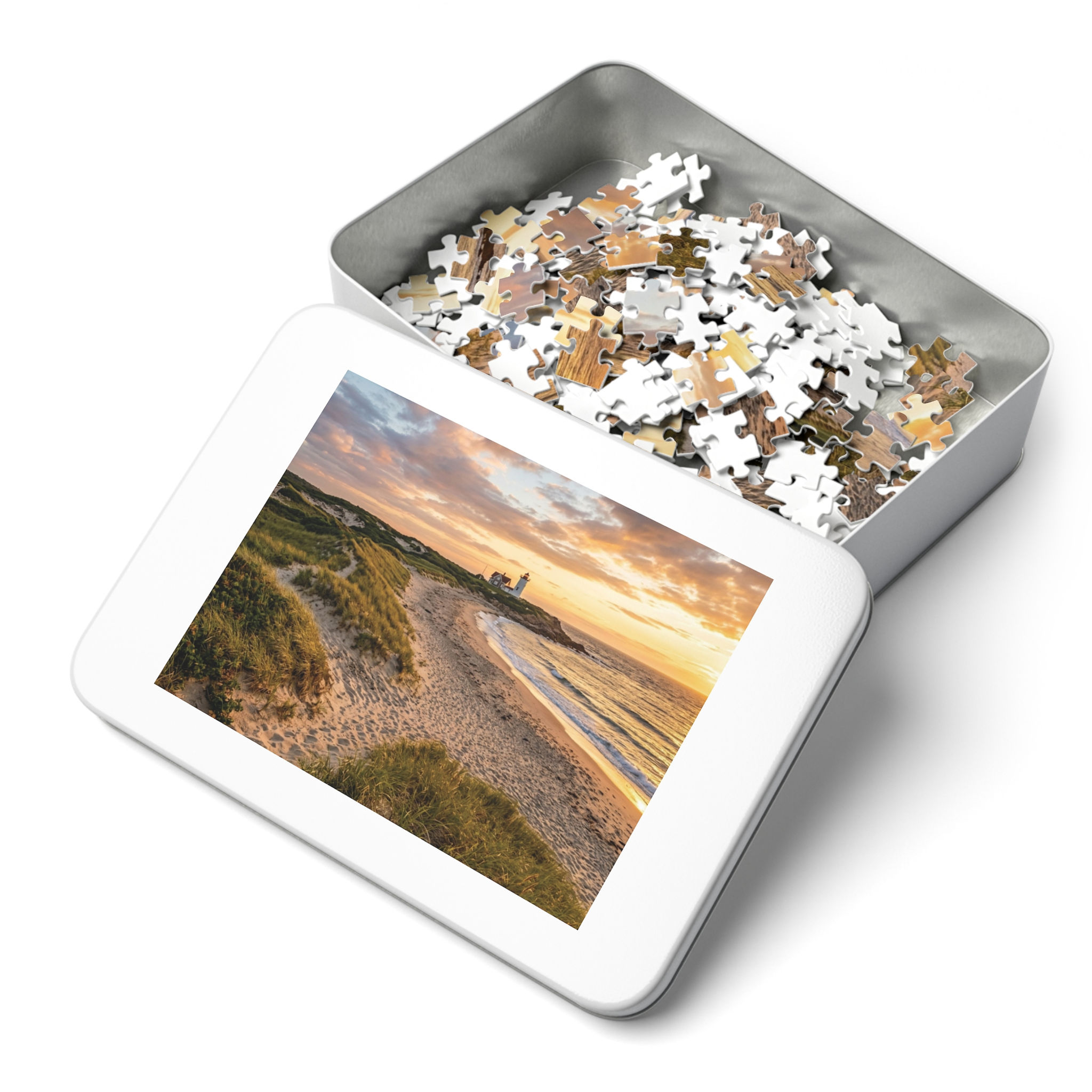 Coastal Sunrise Lighthouse Jigsaw Puzzle with Tin — Scenic Beach Puzzle Gift