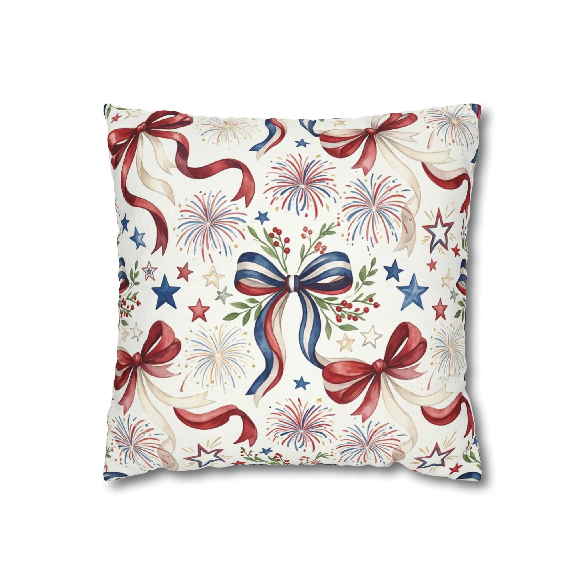 Ribbon & Fireworks Square Pillowcase — Red White Blue Decorative Throw Pillow