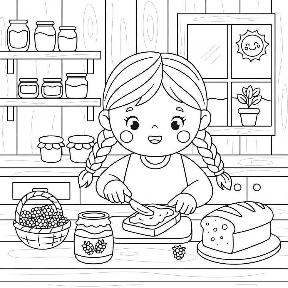 Hình thu nhỏ: Young girl spreading jam on toast with bread and jars in kitchen.