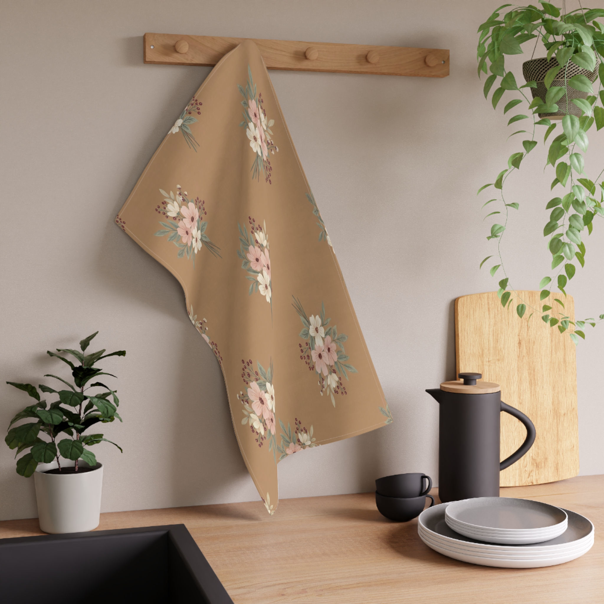 Floral Bouquet Tea Towel — Warm Tan Kitchen Towel