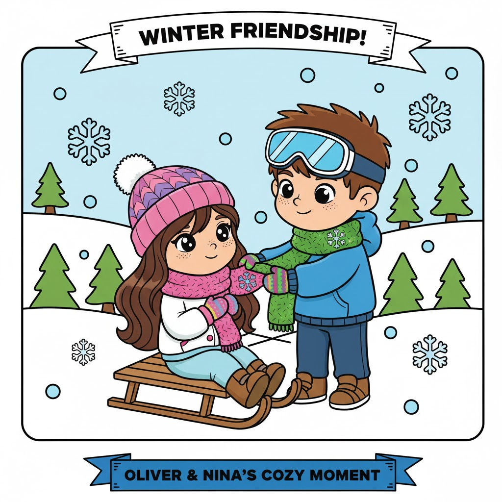 Winter Friendship! Oliver and Nina's cozy moment in snow, wearing winter clothes.