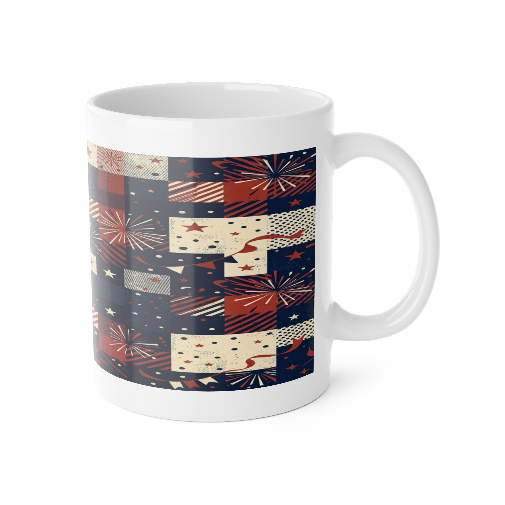 Patriotic Patchwork Mug – 4th of July Stars & Fireworks Ceramic Coffee Cup