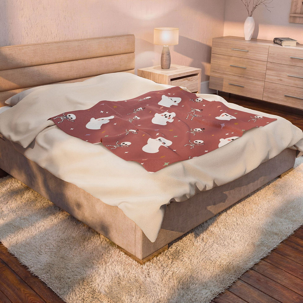 Hình thu nhỏ: Cute Halloween Ghost Velveteen Plush Blanket — Pink Ghost & Skeleton Cozy Throw