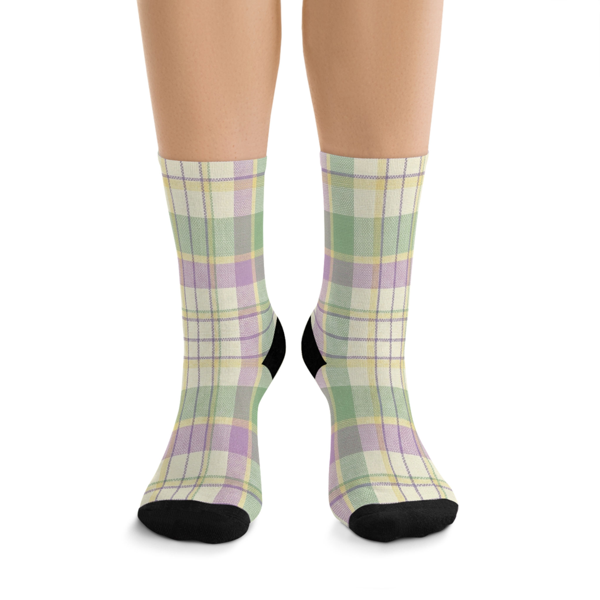 Pastel Plaid Recycled-Poly Crew Socks — Eco-Friendly Spring Pattern
