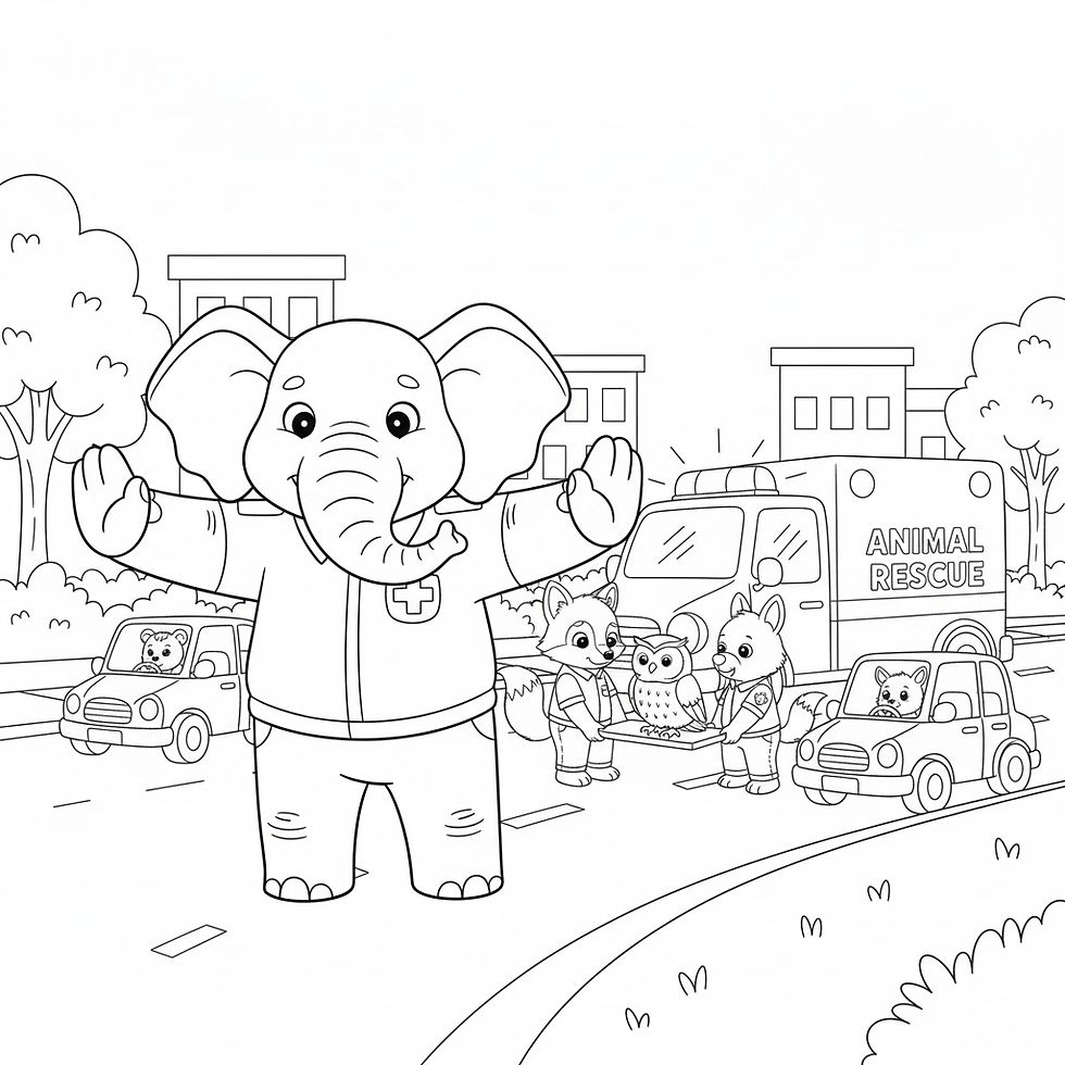 Hình thu nhỏ: Cartoon elephant directing traffic with animals and an animal rescue vehicle on road.