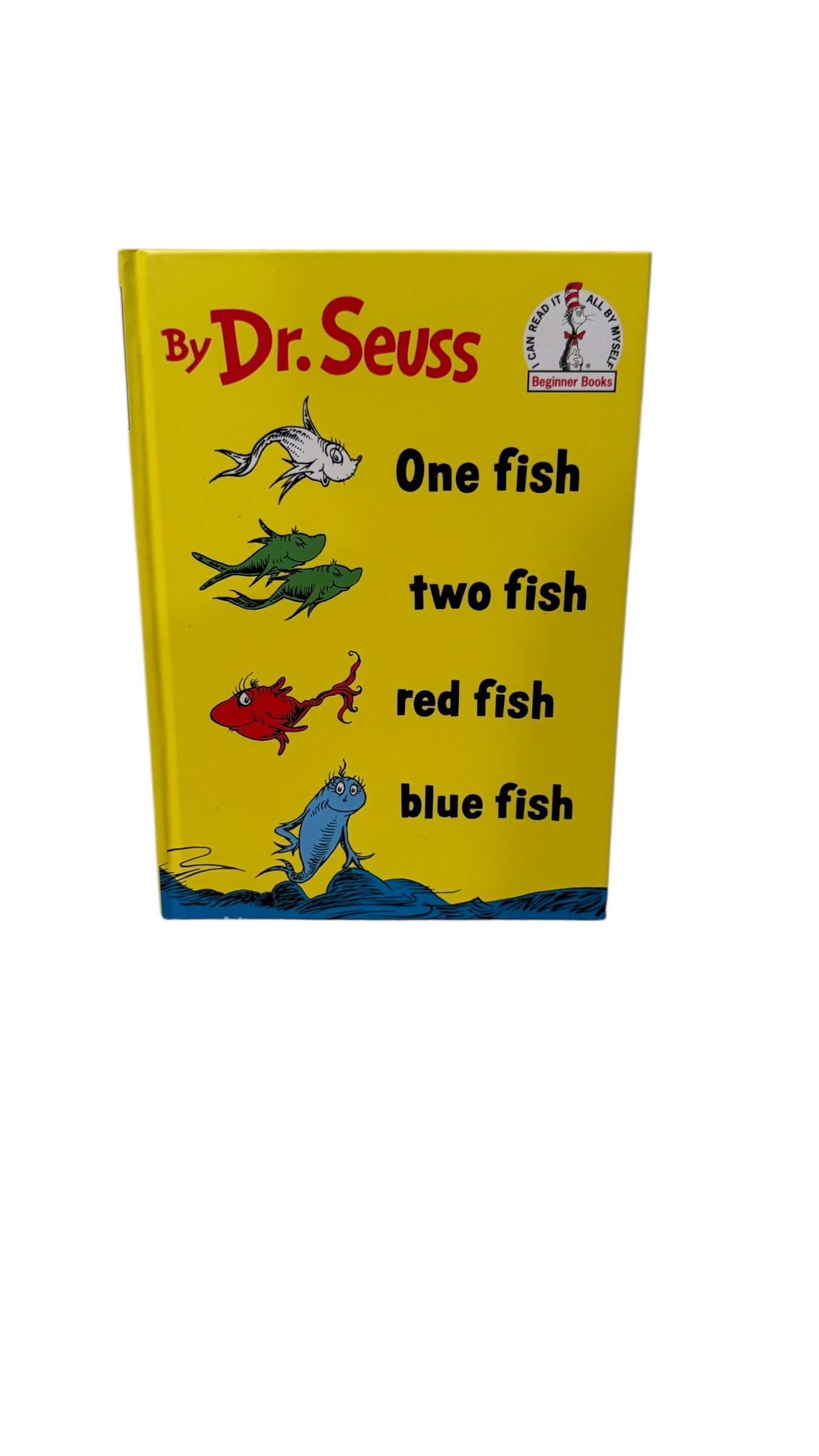 Book cover, By Dr. Seuss, One fish, two fish, red fish, blue fish.