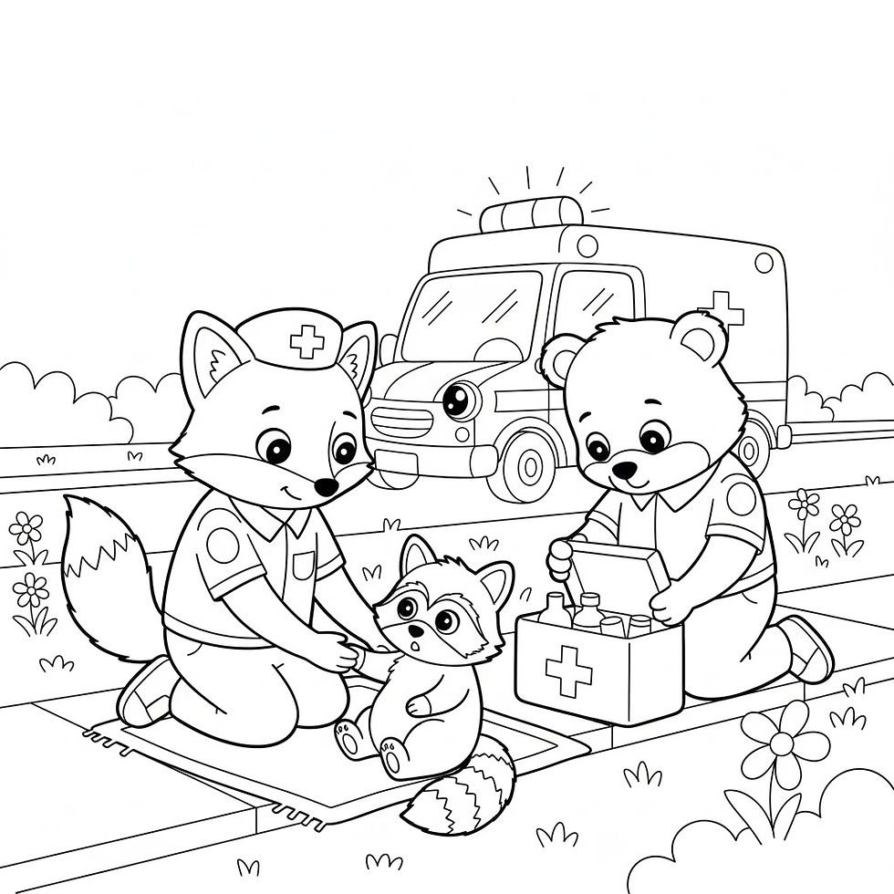 Hình thu nhỏ: Fox and bear medics help injured raccoon with ambulance behind them
