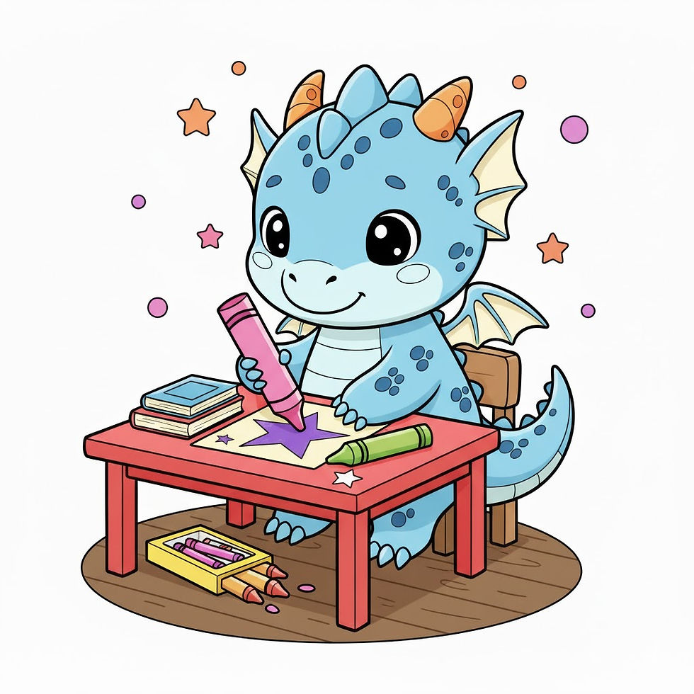 Thumbnail: Cute blue cartoon dragon drawing with pink crayon at a red table.