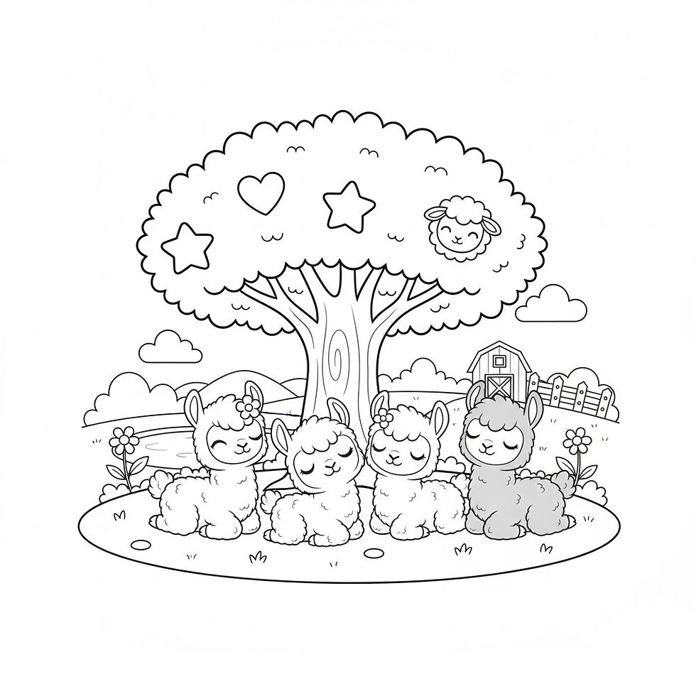 Thumbnail: Four cute cartoon alpacas rest under a tree with stars and hearts