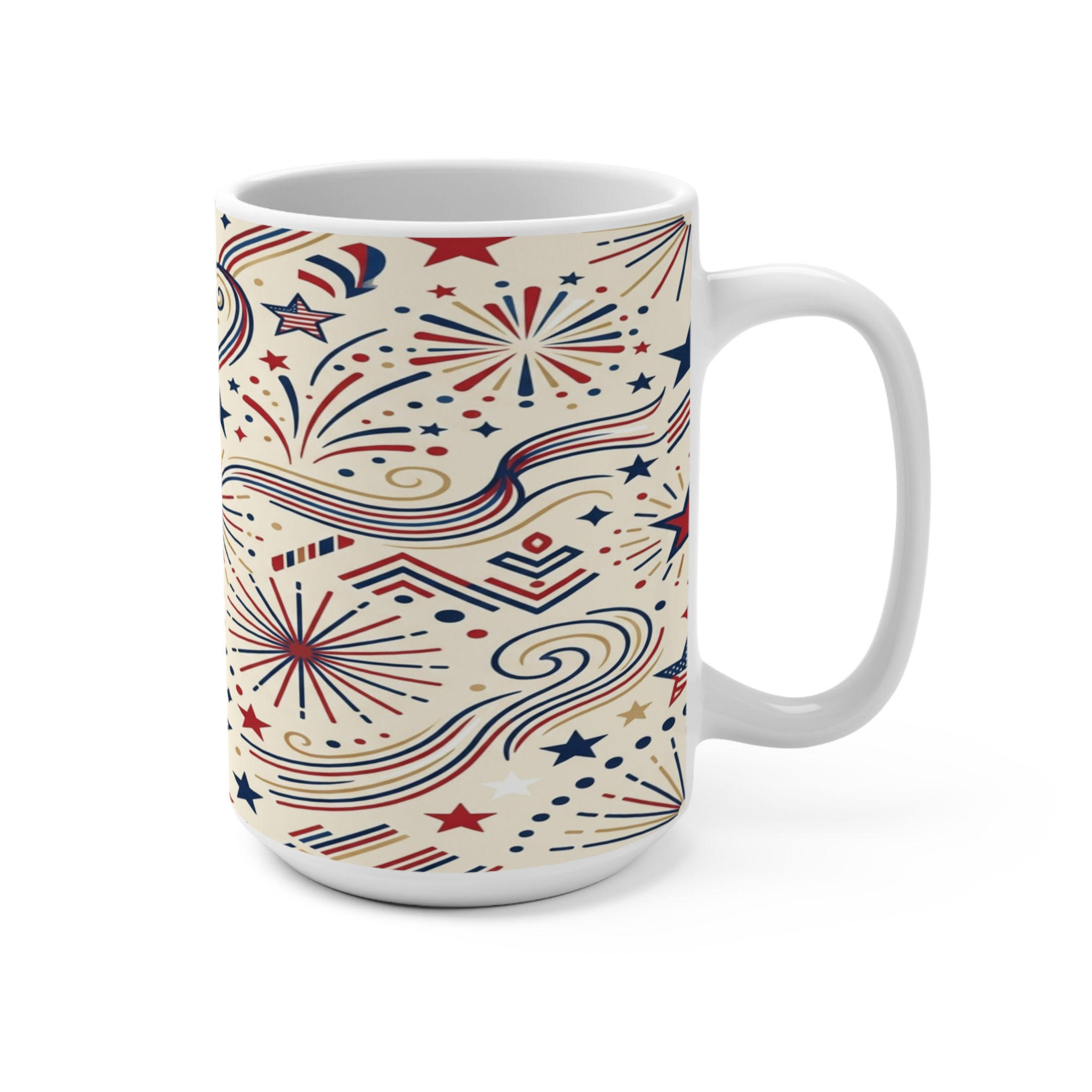 15oz Patriotic Fireworks Mug – Red White Blue Stars & Swirls