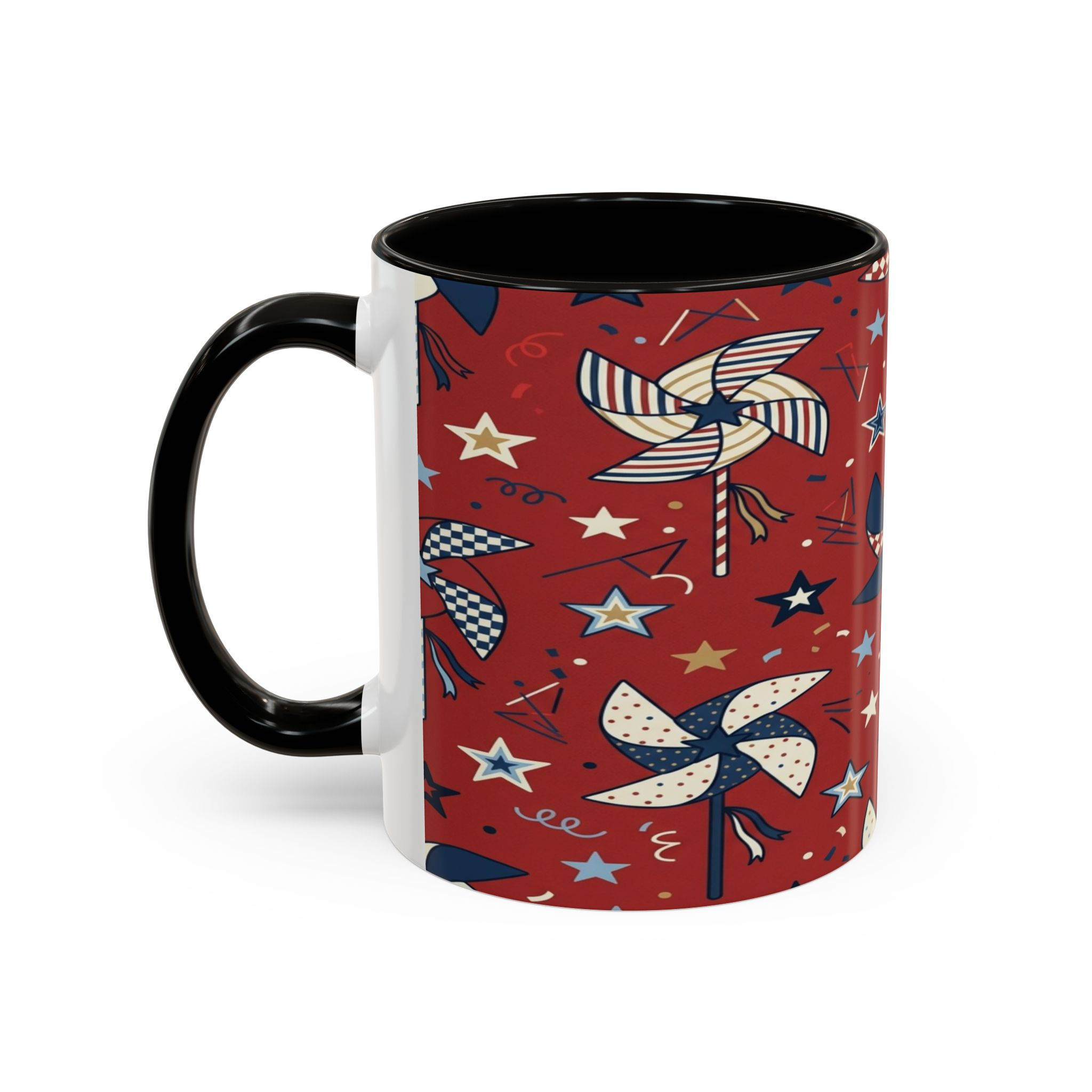 Patriotic Pinwheel Mug (11oz & 15oz) — Red Stars Fourth of July Coffee Cup