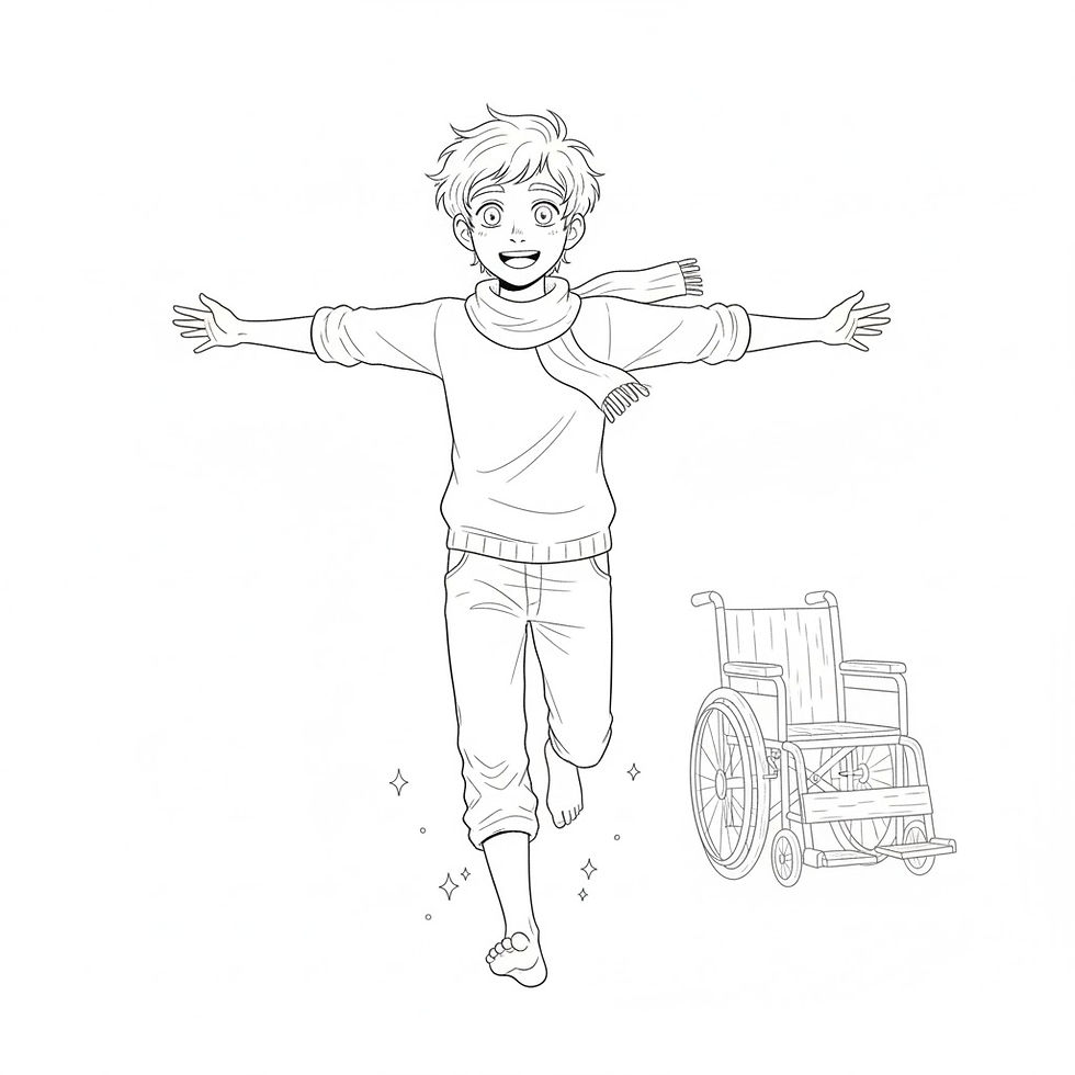 Hình thu nhỏ: Smiling boy running with open arms, wheelchair nearby, black and white sketch.