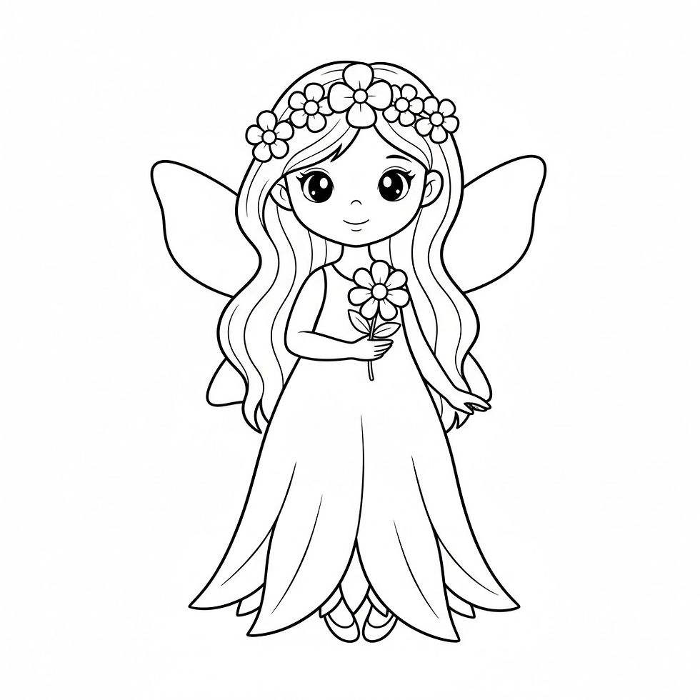 Hình thu nhỏ: Cute fairy holding a flower, wearing a floral crown, in black and white.