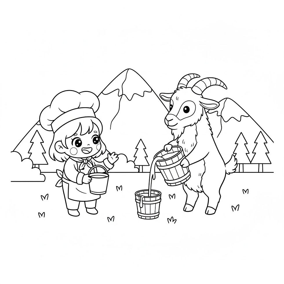 Hình thu nhỏ: Chef girl and a goat pouring bucket water, mountains background, cartoon drawing.