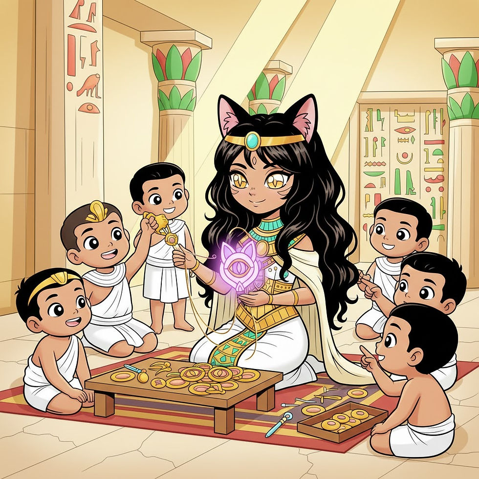 Thumbnail: Cat-eared woman with children showing a glowing item in ancient setting