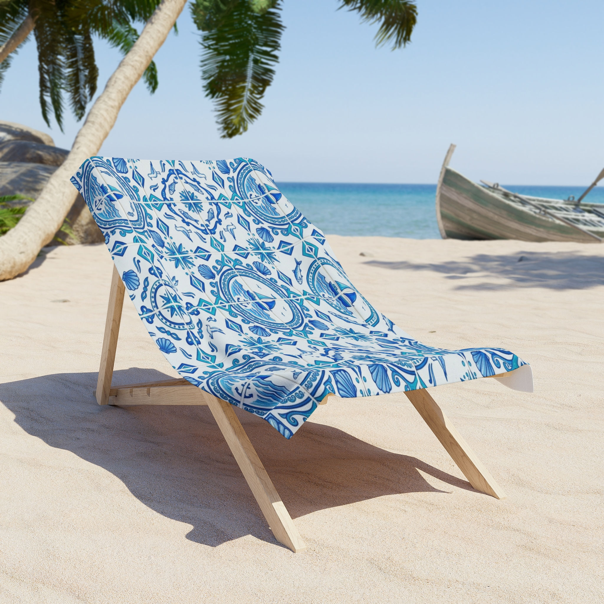 Nautical Tile Beach Towel — Blue Mosaic Sailboat Pattern