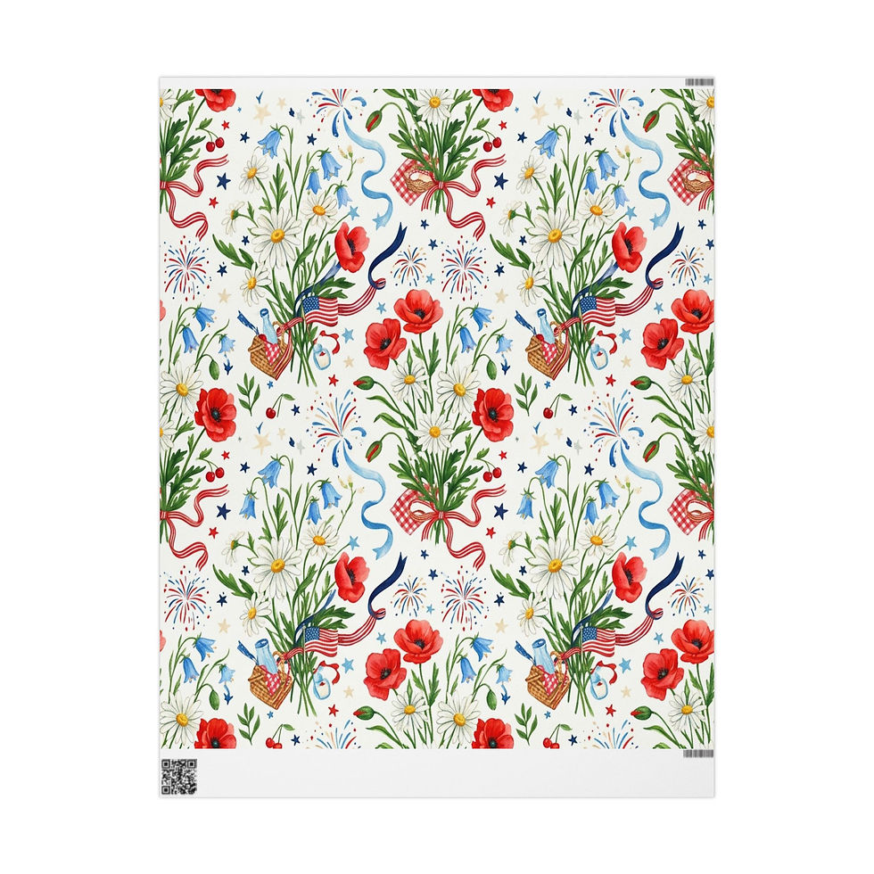 Thumbnail: Floral Ribbon Holiday Wrapping Paper Roll — Patriotic Red & Blue Flowers