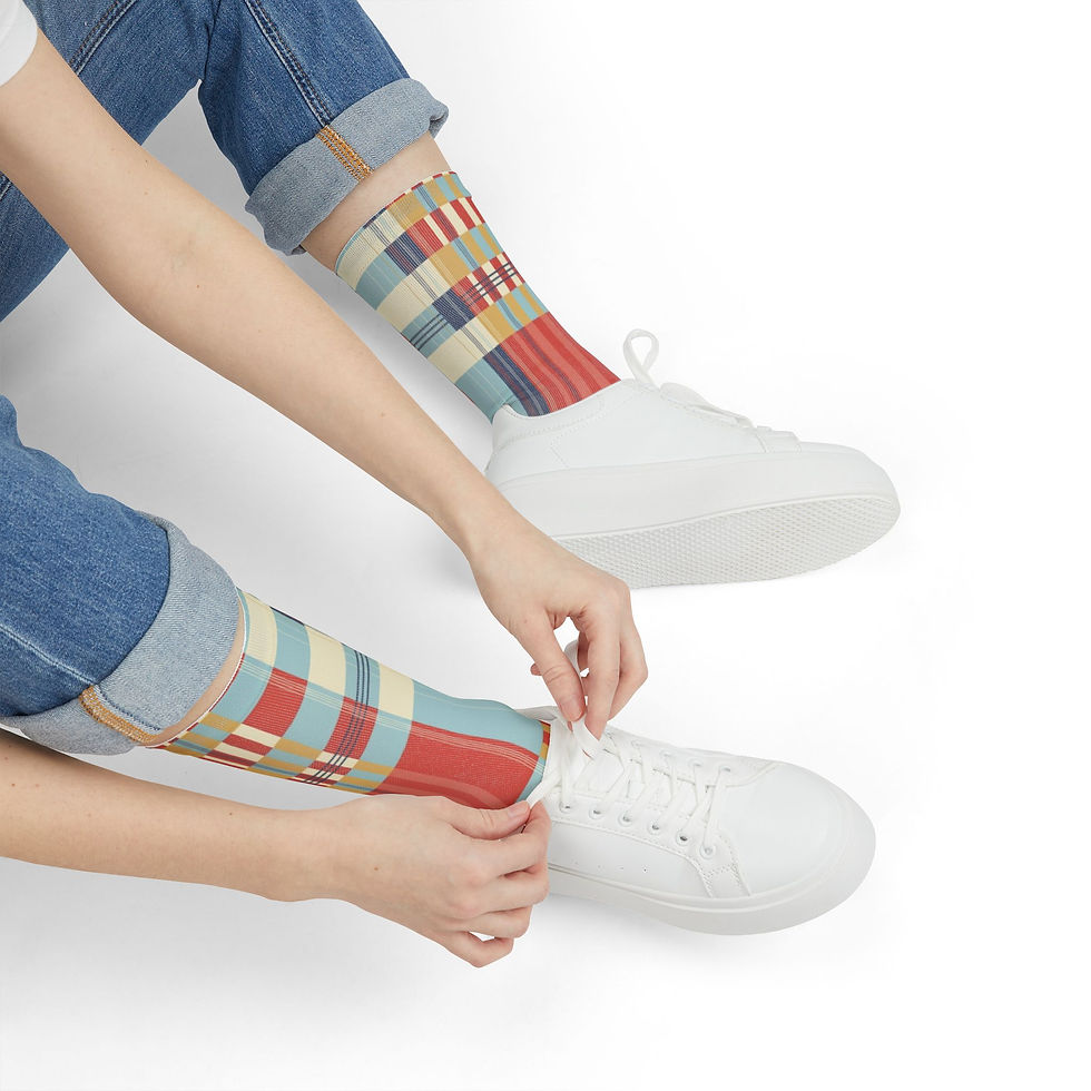 Thumbnail: Colorblock Plaid Crew Socks — Retro Geometric Patterned Socks