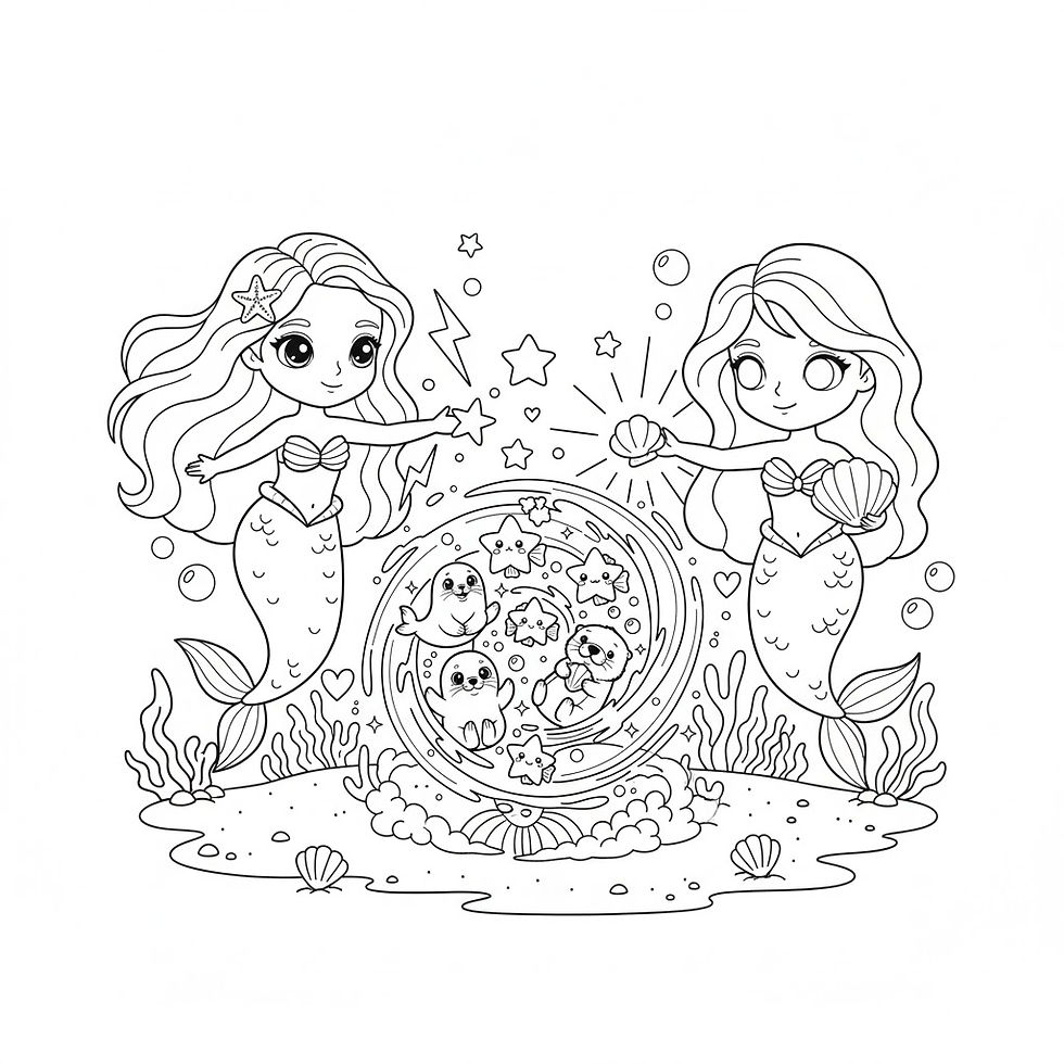 Thumbnail: Two cartoon mermaids interacting with a magical orb filled with cute sea creatures.
