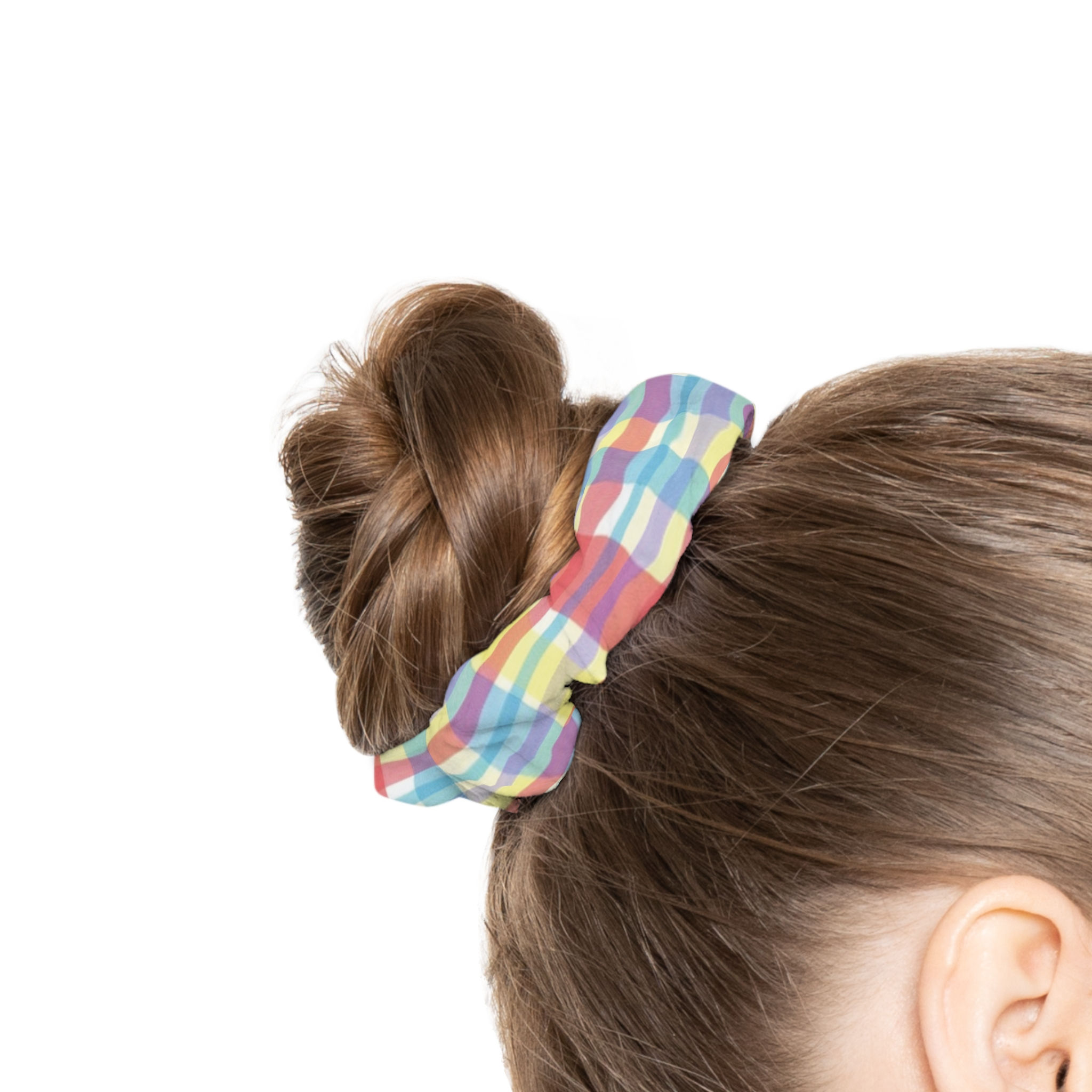 Pastel Rainbow Plaid Scrunchie – Soft Colorful Check Hair Tie