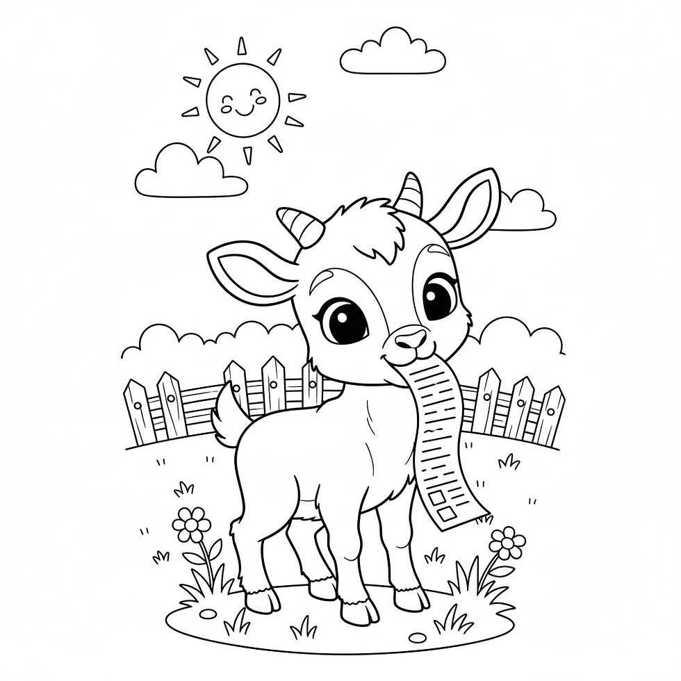 Hình thu nhỏ: Cartoon goat chewing a paper, sun and clouds in the background, outline drawing