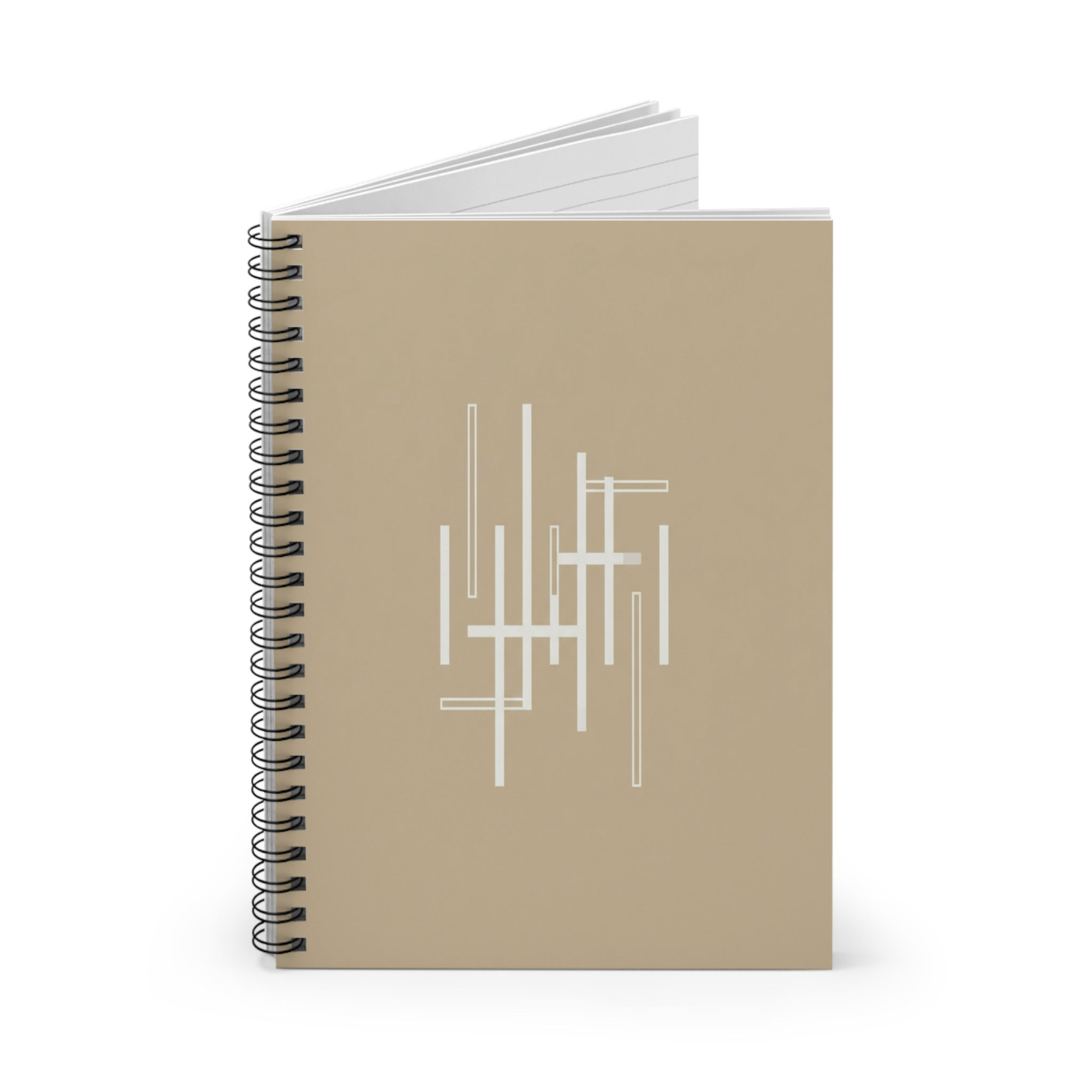 Minimal Geometric Spiral Notebook — Beige Ruled Journal with White Line Art