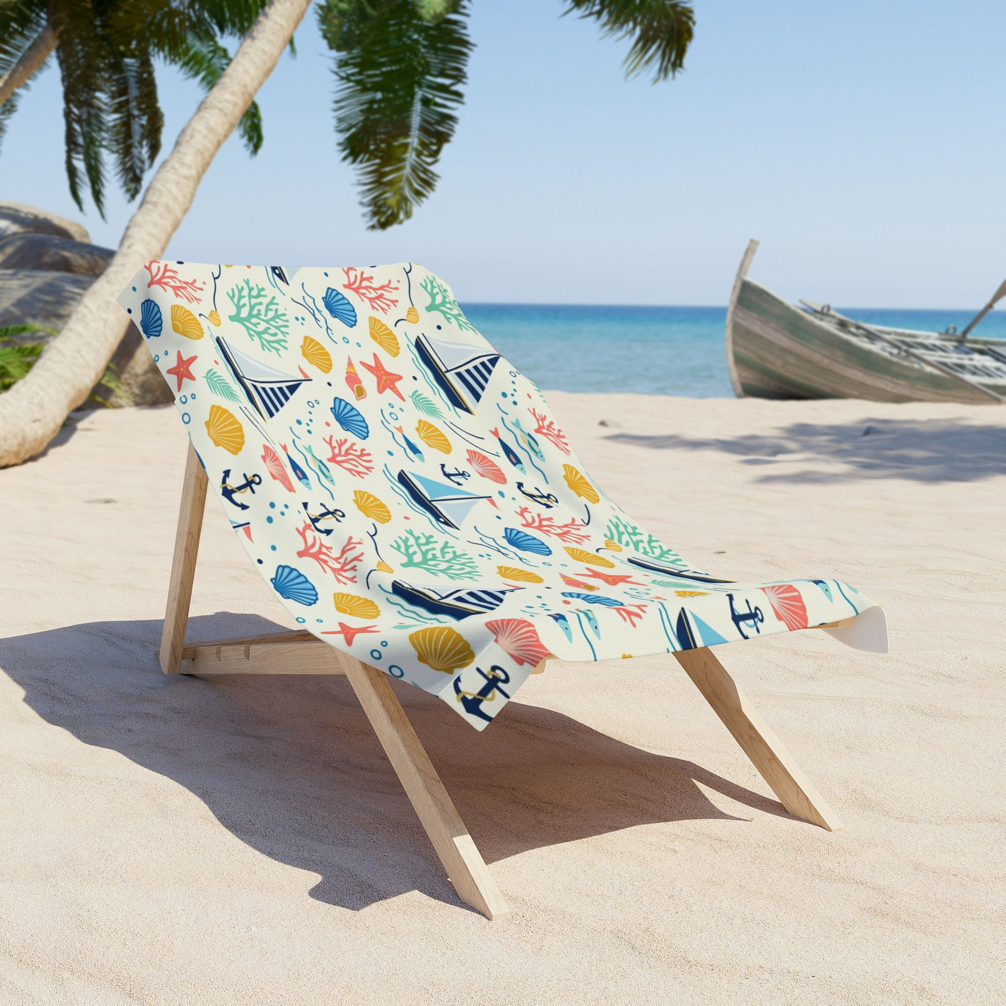 Nautical Sailboat & Seashell Beach Towel – Colorful Coral & Anchor Summer Towel