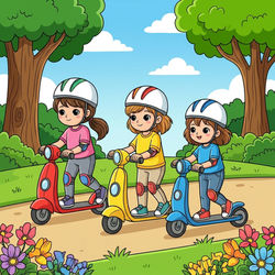 Kids riding scooters together in a park with helmets and flowers
