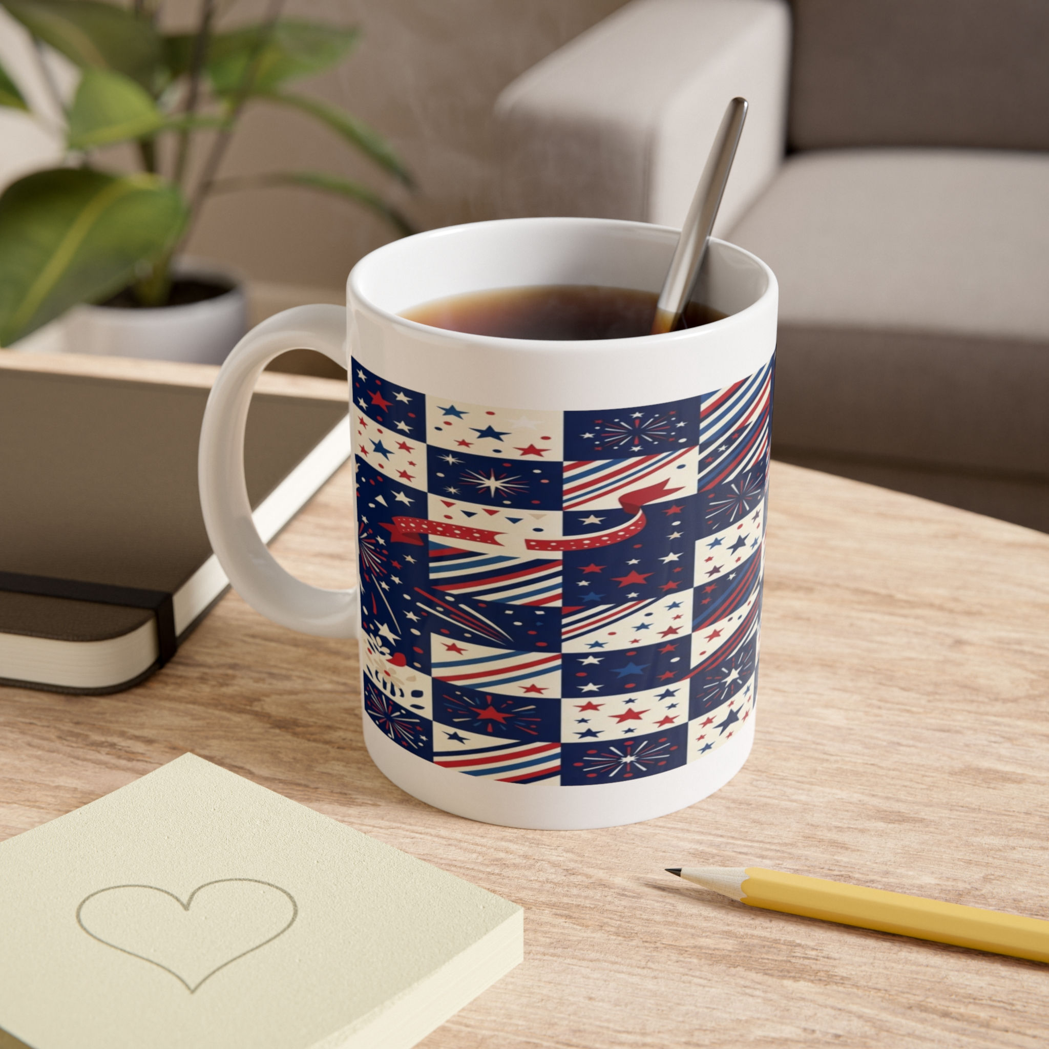 Patriotic Patchwork Mug — American Flag & Fireworks 11oz Ceramic Coffee Cup