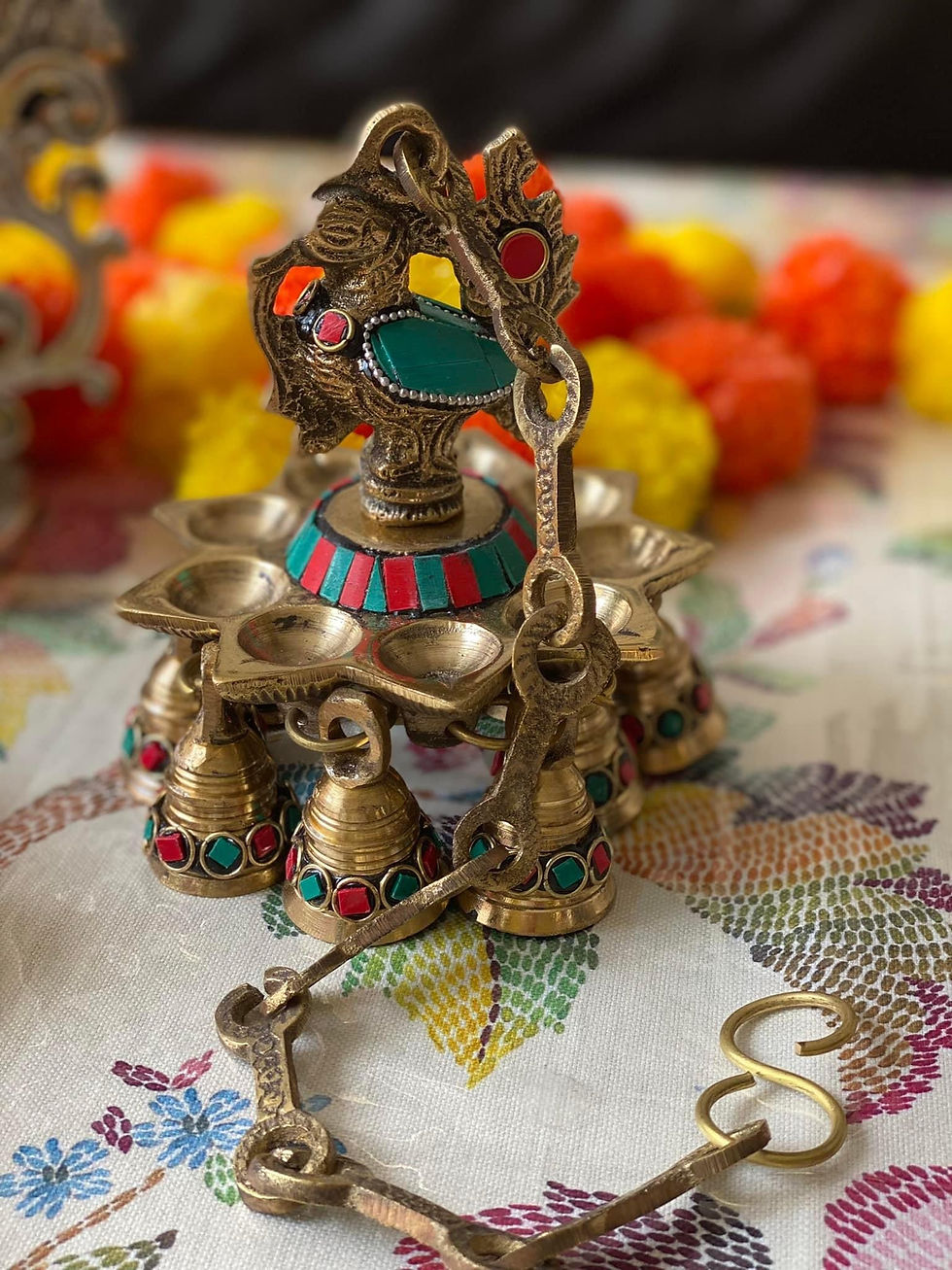 Brass - Hanging Stone Peacock Diya with bells