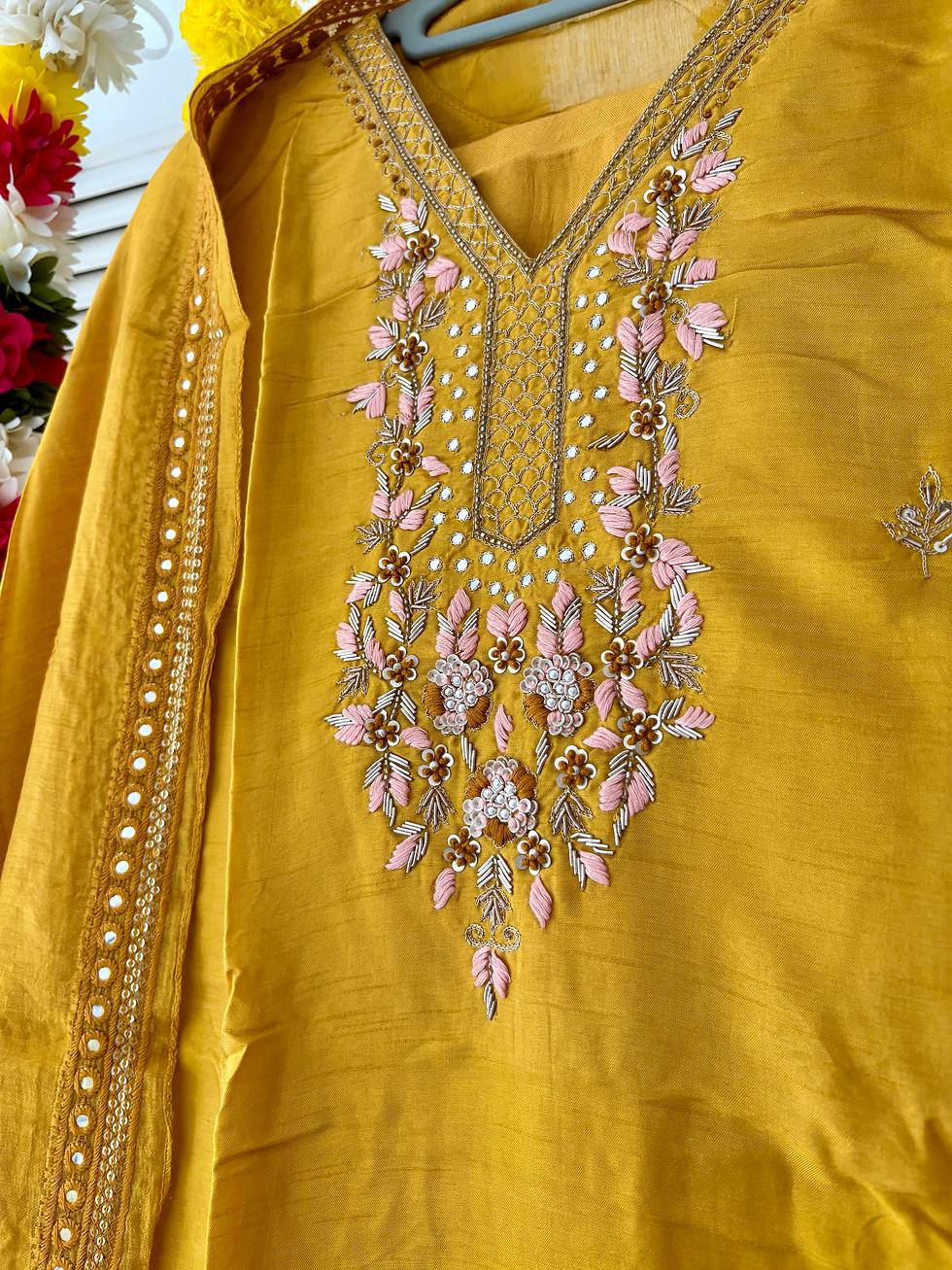 Yellow Hand Embroidered Silk Blend A-Line Suit Set With Dupatta
