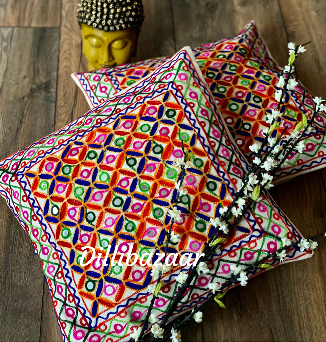 Aari Mirror Work Cushion Cover