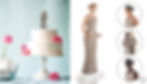 Product photo of bride and groom wedding cake topper on white wedding cake with pink flowers
