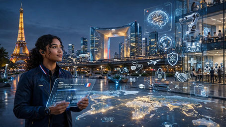 Professional illustration highlighting the future of jobs, artificial intelligence, and French language learning, showing how learning French prepares students for global careers, study abroad, and international opportunities by 2035.