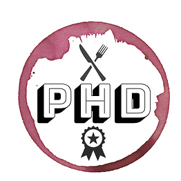 wine stained circle with a fork and knife crossed inside and the letters PHD