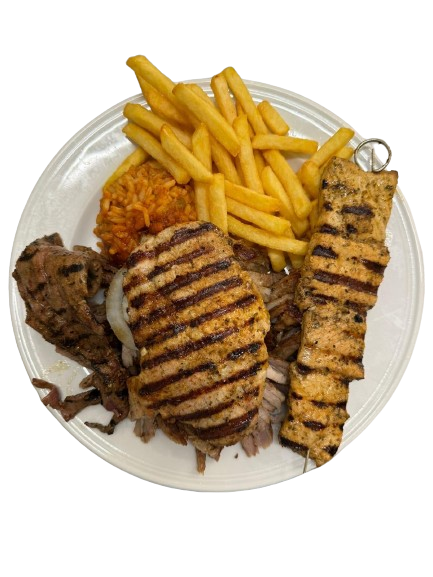 Griechische Spezialität Pommes Fleisch Salat Reis Hellas Lunestedt