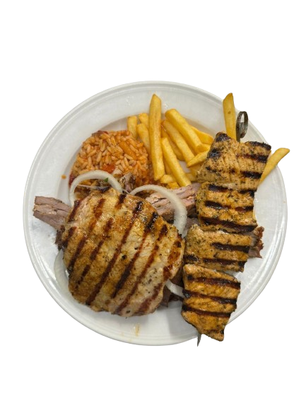 Griechische Spezialität Pommes Fleisch Salat Reis Hellas Lunestedt