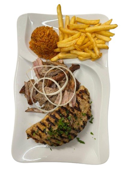 Griechische Spezialität Pommes Fleisch Salat Reis Hellas Lunestedt