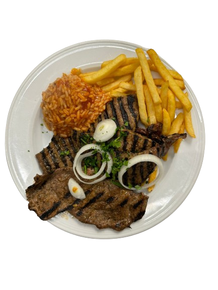 Griechische Spezialität Pommes Fleisch Salat Reis Hellas Lunestedt