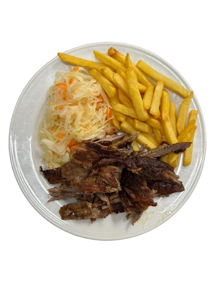Griechische Spezialität Pommes Fleisch Salat Reis Hellas Lunestedt