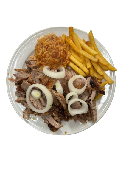 Griechische Spezialität Pommes Fleisch Salat Reis Hellas Lunestedt