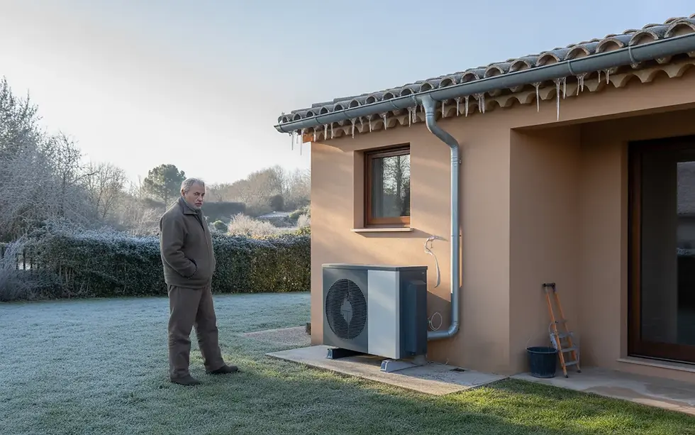 Propriétaire inspectant l’extérieur d’une maison provençale contemporaine aux Angles en hiver, givre sur pelouse et tuiles, gouttière avec petites stalactites, pompe à chaleur en fonctionnement et kit d’entretien, ambiance matin froide – 5 ÉTOILES CONCIERGERIE
